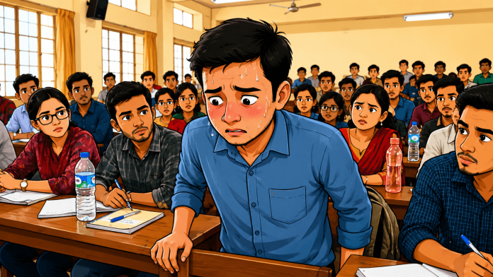 বাংলাদেশে একটি শ্রেণীকক্ষে সোসাল ফোবিয়া বা সামাজিক ভীতিতে আক্রান্ত একজন শিক্ষার্থীর উদ্বিগ্ন ও ঘামাক্রান্ত চেহারার দৃশ্য।