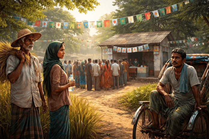 গ্রামবাংলার একটি নির্বাচনী দৃশ্য যেখানে কৃষক, শ্রমিক ও রিকশাচালক ভোটকেন্দ্রের সামনে দাঁড়িয়ে আছেন—ভোটের সময় সাধারণ মানুষের অনুভূতির প্রতিফলন।