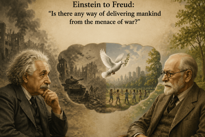 Einstein to Freud Why War illustration showing war, peace, dove, and the question of saving mankind from the menace of war