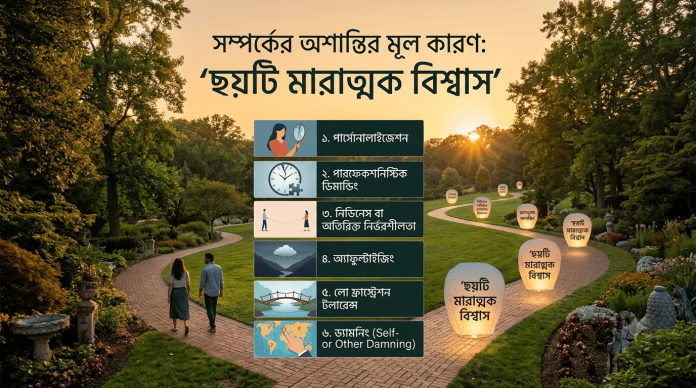 সম্পর্কের অশান্তির মূল কারণ ছয়টি মারাত্মক বিশ্বাস সম্পর্কিত একটি বাংলা ব্লগ ইমেজ, যেখানে একজন দম্পতিকে একটি বাগানে হাঁটতে দেখা যাচ্ছে এবং পাশে ৬টি মনস্তাত্ত্বিক ভুল ধারণার তালিকা রয়েছে।