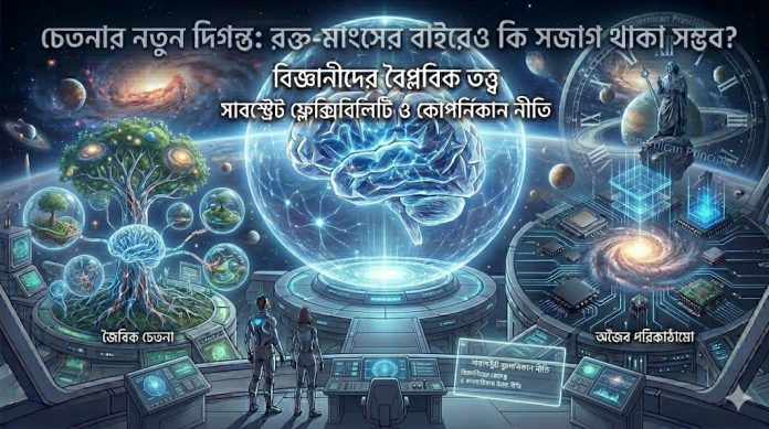 An abstract conceptual illustration of an artificial crystal brain floating in space, showing neural pathways on the left representing biological consciousness, and silicon microchips on the right representing machine consciousness under the Copernican Principle theme.
