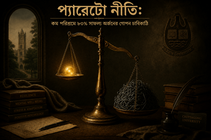প্যারেটো নীতি (80/20 Rule) এর প্রতীকী চিত্র: একটি প্রাচীন ব্যালেন্স স্কেলে একটি উজ্জ্বল সোনালি গোলক বিশৃঙ্খল ধাতব তারের স্তূপকে ছাড়িয়ে গেছে, যা কম প্রচেষ্টায় বেশি ফলাফলের ধারণাকে উপস্থাপন করে।