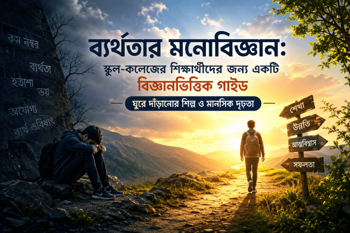 ব্যর্থতার পর হতাশ শিক্ষার্থী থেকে আত্মবিশ্বাসী হয়ে ওঠার যাত্রা—শিক্ষার্থীদের জন্য ব্যর্থতার মনোবিজ্ঞান, গ্রোথ মাইন্ডসেট, রেজিলিয়েন্স ও মানসিক দৃঢ়তার প্রতীকী চিত্র।