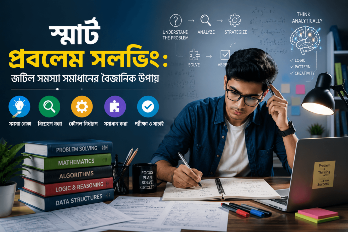 স্মার্ট প্রবলেম সলভিং নিয়ে অধ্যয়নরত একজন মেধাবী ছাত্র জটিল সমস্যা বিশ্লেষণ করে বৈজ্ঞানিক পদ্ধতিতে সমাধান খুঁজছেন; ডেস্কে বই, ল্যাপটপ, নোট এবং সমস্যা সমাধানের ধাপসমূহ প্রদর্শিত।