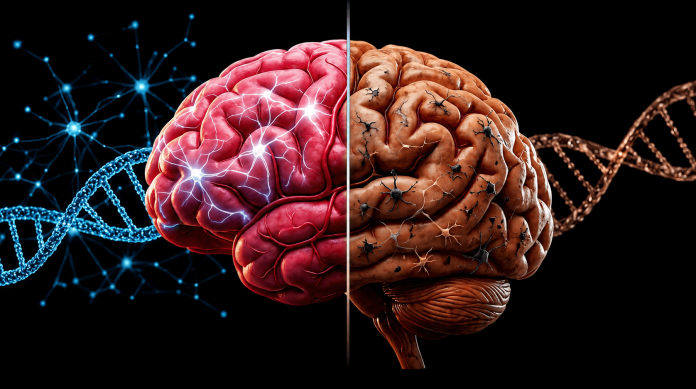 A split-view illustration of a human brain showing healthy glowing neurons on one side and aging, damaged brain cells on the other, representing brain changes after age 50.