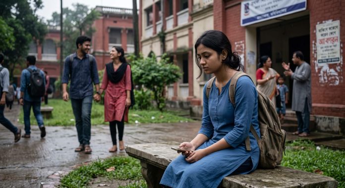 ক্যাম্পাসে বসা একজন বিষণ্ণ বিশ্ববিদ্যালয় ছাত্রী, পেছনে পারিবারিক ও সম্পর্কের টানাপোড়েনের প্রতিচ্ছবি।